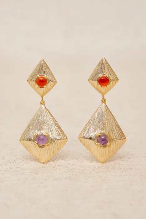 Pendientes geometría latón baño de oro y piedra