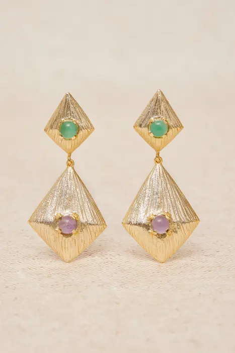 Pendientes geometría latón baño de oro y piedra