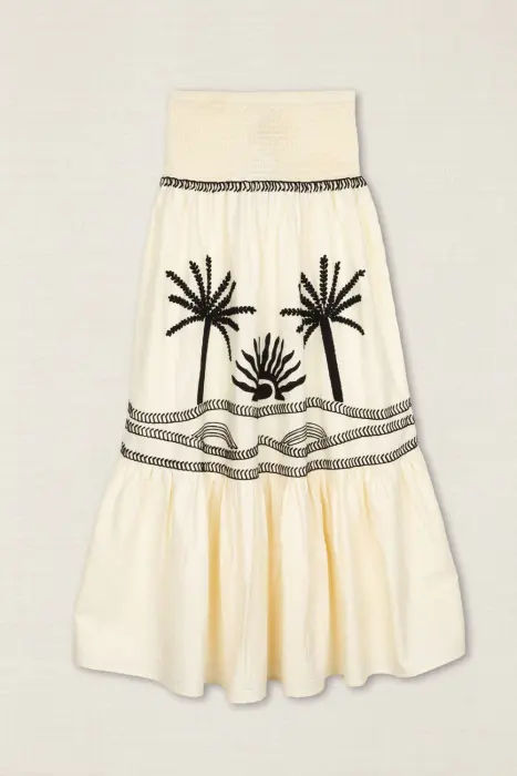 Conjunto Top-Falda Bordado Palmeras Crema