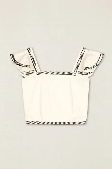 Conjunto Top-Falda Bordado Palmeras Crema