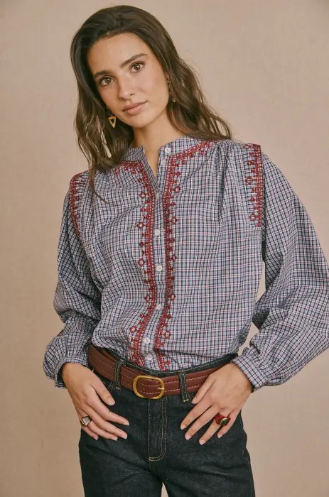 Blusa Cuadros Bordado Geométrico