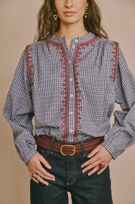 Blusa Cuadros Bordado Geométrico