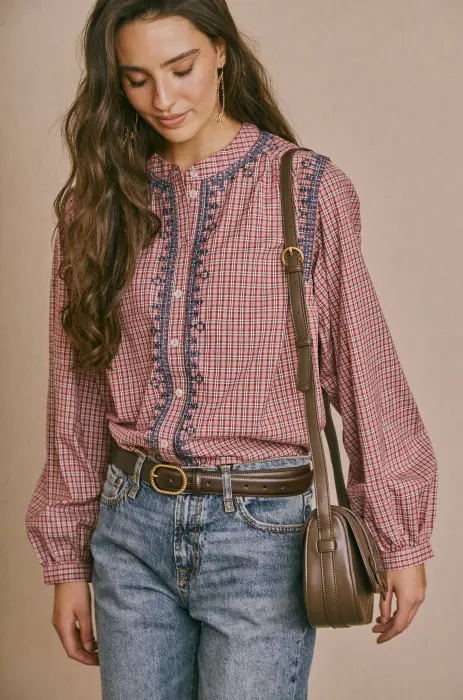 Blusa Cuadros Bordado Geométrico