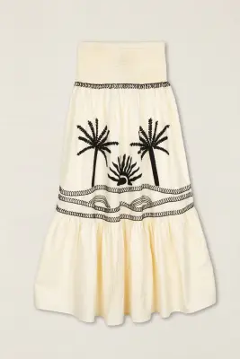Conjunto Top-Falda Bordado Palmeras Crema